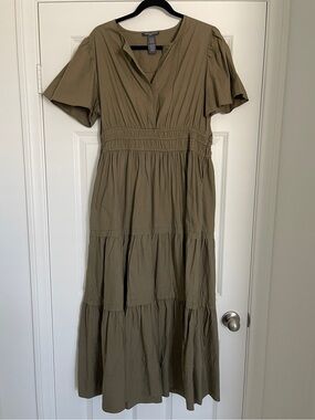 Olive Green Tiered Maxi Dress with Pockets XL